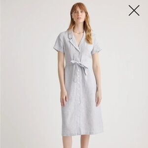 NWT Quince 100% European Linen Button Front Dress Blue White Pinstripe Medium M
